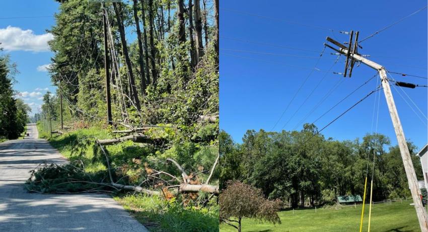 Damaging winds from a derecho took down power lines and poles in Holmes-Wayne Electric Cooperative service area in June 2022.